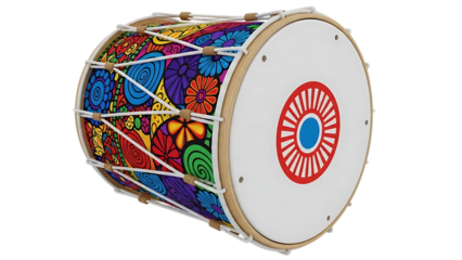 Colorful dhol drum with floral pattern isolated on a transparent background