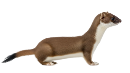 Brown and white stoat standing on alert isolated on a transparent background animal mammal