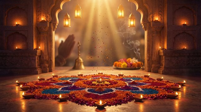 Ornate rangoli and diyas illuminate a temple courtyard during a festival