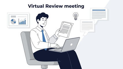 Man in Virtual Meeting with Laptop, Documents, and Charts