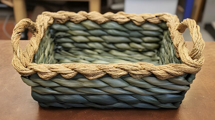 Woven basket frame with textured natural fibers on a wooden table indoors