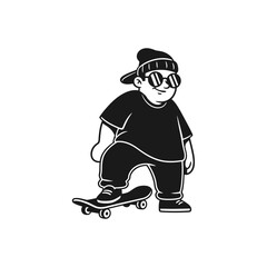 Young Boy with Sunglasses and Beanie Riding a Skateboard.