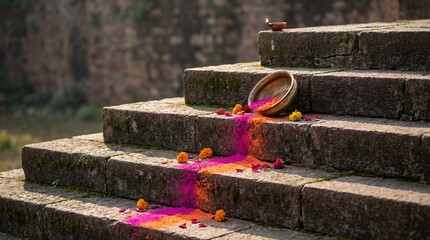 Scattered Holi powder and marigold flowers on stone steps with a brass bowl