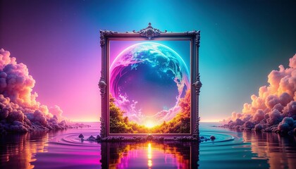 Transparent object casting colorful shadow on water with vibrant landscape surroundings and ornate frame reflection