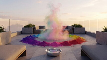 Naklejka premium Rainbow Holi powder explosion in a circle on a modern terrace with lounges