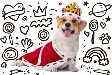 A corgi wearing a red velvet robe and jeweled crown lies on a white background surrounded by doodles of candy, rainbows, and stars for a playful and royal fantasy feel