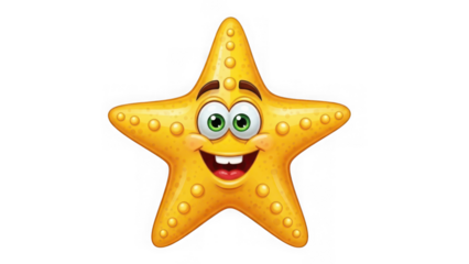 Smiling cartoon starfish character on transparent background isolated