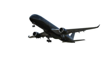 Sleek, ultra-modern, all-black passenger jet aircraft, Airbus A350-like, with deployed landing gear, on a transparent infinity background, concept of modern aviation and global travel