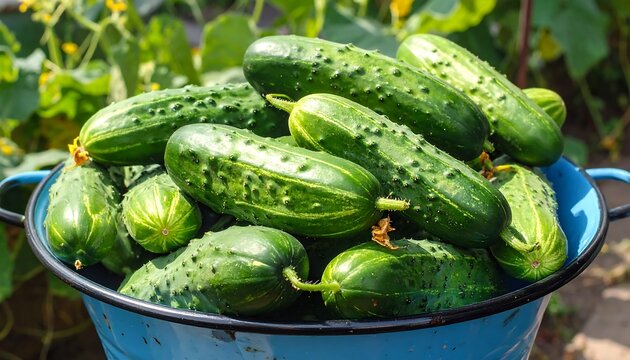 Close-up of a blue metal bucket overflowing with freshly harvested green cucumbers. The vegetables show rough skin