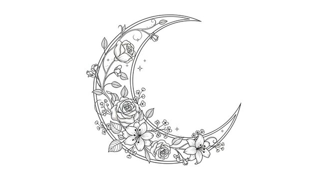 A delicate crescent moon surrounded by floral elements and foliage, depicted in a minimalist line drawing style from a straightforward viewpoint