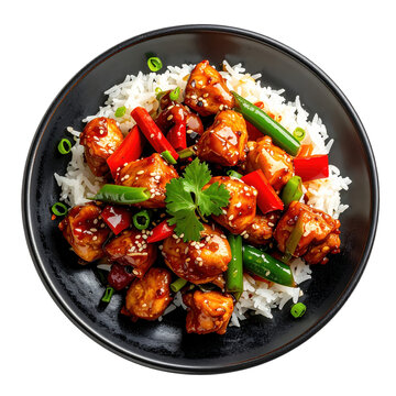 A vibrant plate of kung pao chicken showcasing the colorful mix of chilies, peanuts, and green onions, isolated on a plain white background