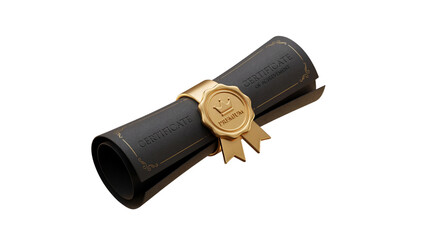Black certificate scroll with gold seal isolated on transparent background