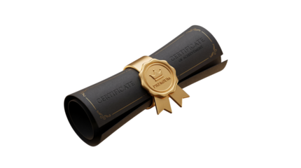 Black certificate scroll with gold seal isolated on transparent background