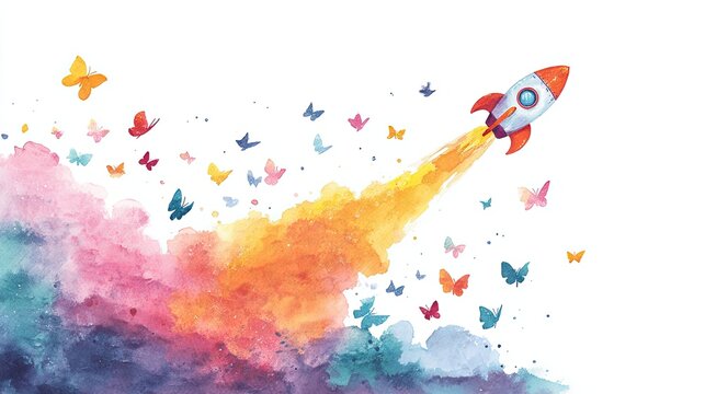 A whimsical watercolor illustration of a rocket launching into a colorful sky filled with butterflies.