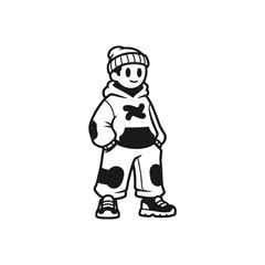 Stylish young boy in beanie and hoodie with unique pattern.