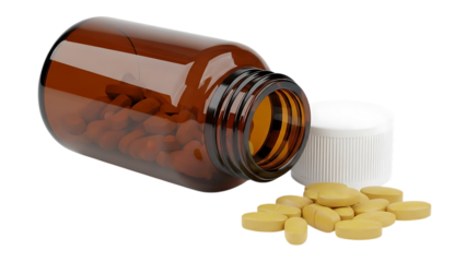 Open amber medicine bottle with yellow pills spilling out and white cap isolated on a transparent background 1