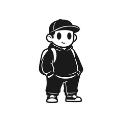 Cute cartoon boy wearing a baseball cap and backpack, standing with hands in pockets.