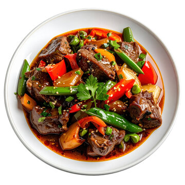 A generous serving of mongolian lamb stir-fry, showcasing the wok hei and savory sauce, isolated on a white background