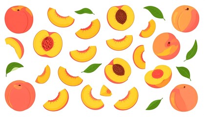 Peach slices and whole peaches on a white background
