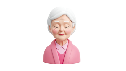 3D Cartoon Elderly Woman with Eyes Closed in Pink Robe