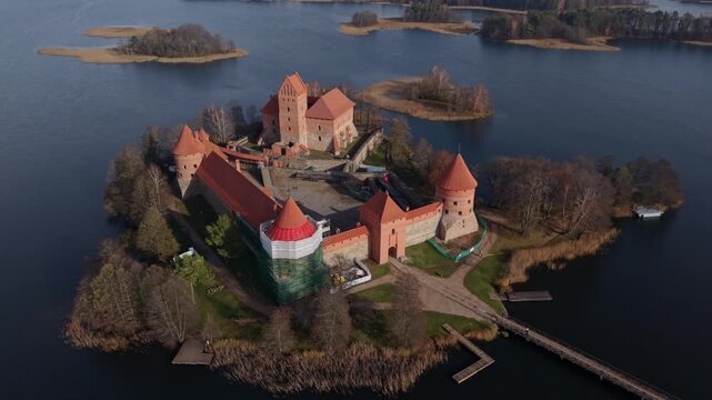 Trakai Island Castle Traku Pilis In Lithuania Moody Dusk Trakai Castle Aerial Shadows Contrast Silhouette Over Lake Cinematic Sequence Cinematographer Capturing Dramatic Atmosphere Intense