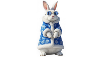 White rabbit wearing blue winter coat and sunglasses isolated on transparent background