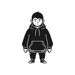 Chubby Boy Wearing Black Hoodie and Pants Standing Confidently.