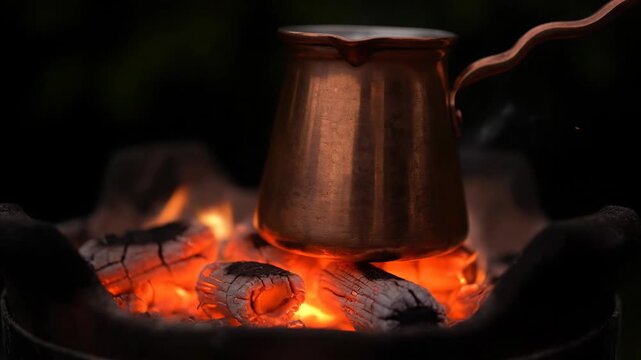 Glowing embers under a copper coffeepot in a brazier, sparking, macro shot, shallow focus