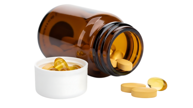 Brown bottle and white container with yellow pills isolated on a transparent background capsules medication - Powered by Adobe