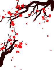 Red Plum Blossom Branch Illustration on Transparent Background, Japanese and Chinese Style for Greeting Card or Lunar New Year Festival Design.