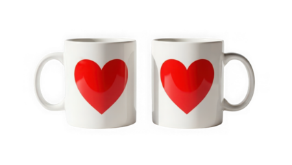 Two white coffee mugs with red heart design isolated on transparent background