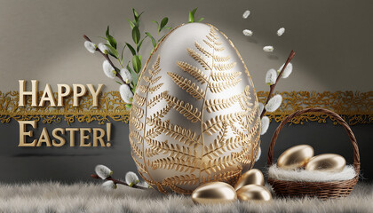 Życzenia Wielkanocne na karcie wielkanocnej. Ozdobione pisanki z widocznymi baziami w tle.
