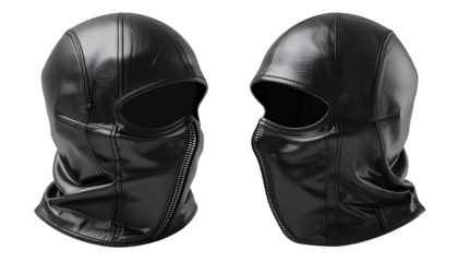  Modern black leather balaclava accessory bundle isolated on transparent background.