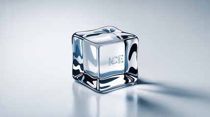 Clear ice cube resting on metal surface with clean minimal background
