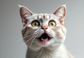 Obraz premium Wide-eyed lilac British cat opens mouth in stunned amazement against white , shocked, pet photography