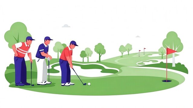 Group of Friends Playing Golf on a Bright Sunny Day Outdoor Sport Scene
