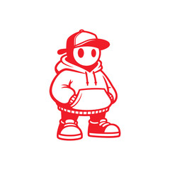 Red Cartoon Character Wearing a Hoodie and Baseball Cap.