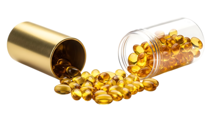 Golden and clear supplement capsules spilled from containers isolated on a transparent background golden capsules