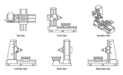 Obraz premium Milling Machine Detailed Technical Blueprint Views, Isometric Top Front Side