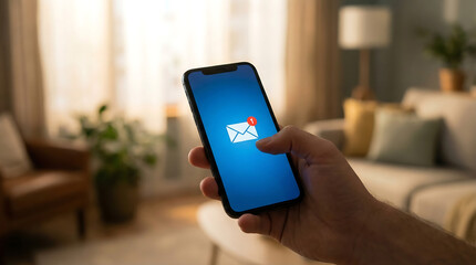 Receiving digital message alert on smartphone in cozy living room with warm lighting and modern furniture for communication and technology lifestyle concept