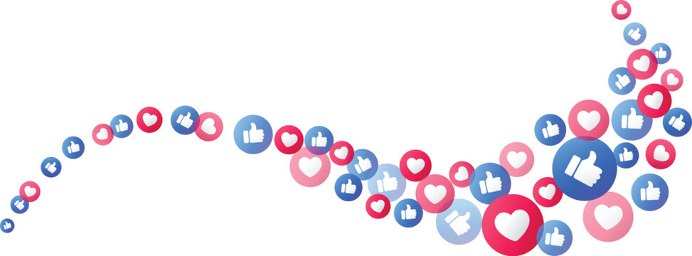 Wave of thumbs up and hearts social media reaction icons emojis flowing, element for love, like, engagement, communication, digital interaction, online emotion, positive feedback design