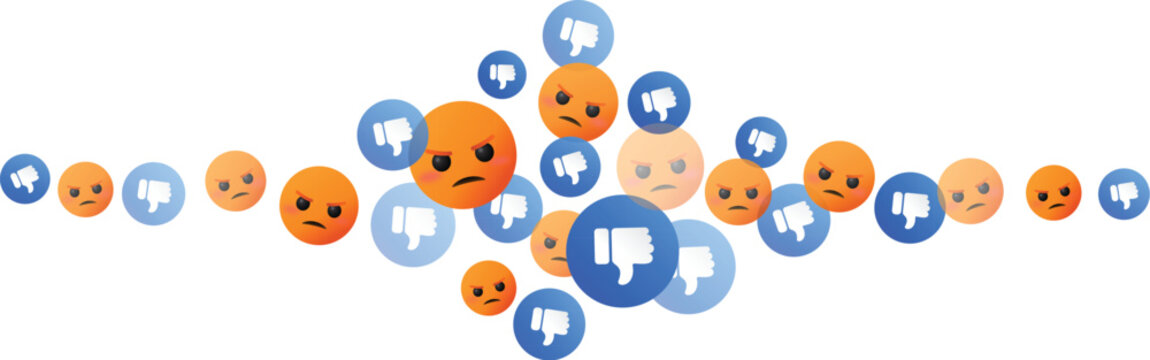 Flying angry emojis and thumbs down dislike icons element for negative feedback, disapproval, social media reaction, frustration, opinion, hate, bad review, rating, ranking, protest design