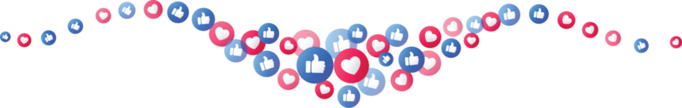 Social media emoji stream of thumbs up and heart icons flowing, vector element for like, love, reaction, social network, engaging, marketing, sharing, success, feedback design