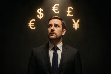 businessman spotlight money currency sign symbol wealth business finance leader
