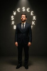businessman spotlight money currency sign symbol wealth business finance leader
