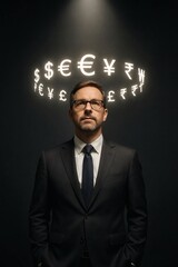 businessman spotlight money currency sign symbol wealth business finance leader