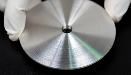 A precision machined circular metal component being inspected by a technician wearing white gloves.
