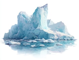 Obraz premium Majestic towering iceberg illuminated by soft light, with calm Arctic waters reflecting its grand icy formation