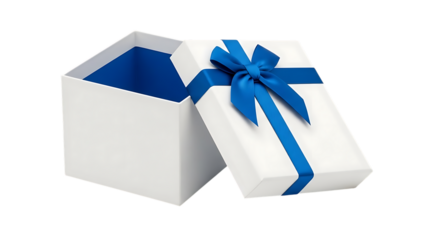 White gift box with blue ribbon and bow isolated on a transparent background blue bow open box