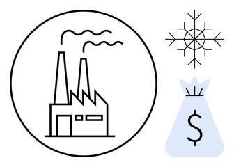 Fototapeta premium Industrial factory with chimneys, snowflake symbolizing cold or environmental concerns, and a money bag representing economics. Ideal for sustainability, economy, climate policy, energy efficiency